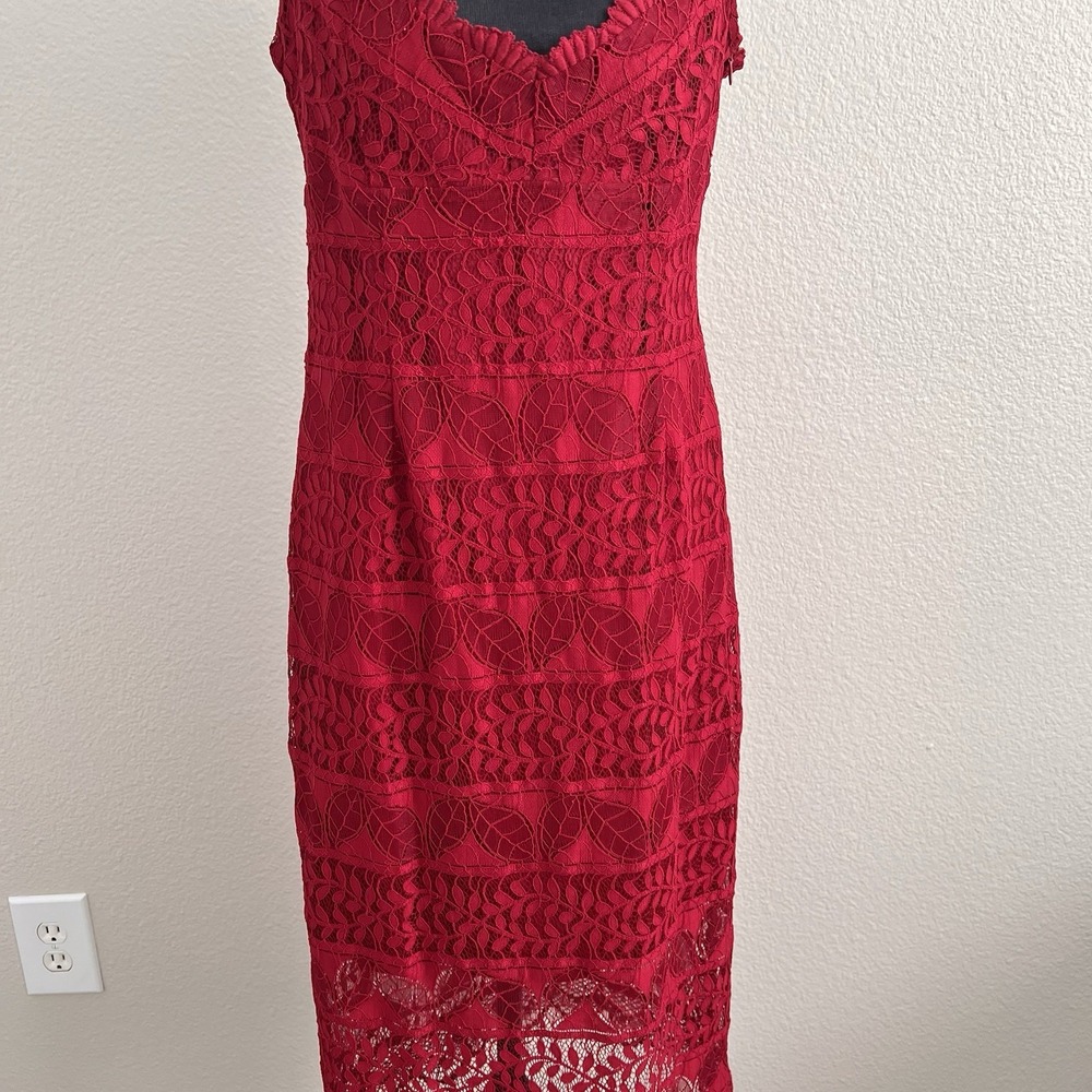 Medium Red Lace Midi Dress Bodycon Spaghetti Strap Cocktail Party Dress Romantic - Picture 5 of 11